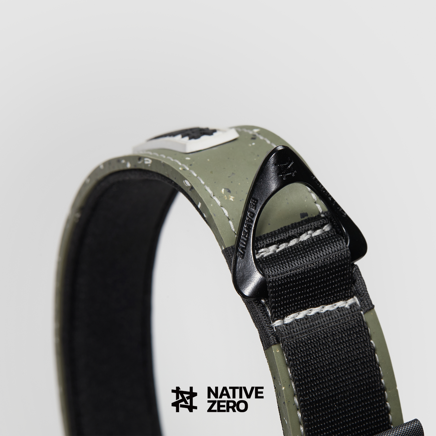 ARI 1.0 recycled dog collar Canada, D-ring attachment point and stitching detail — NATIVE ZERO