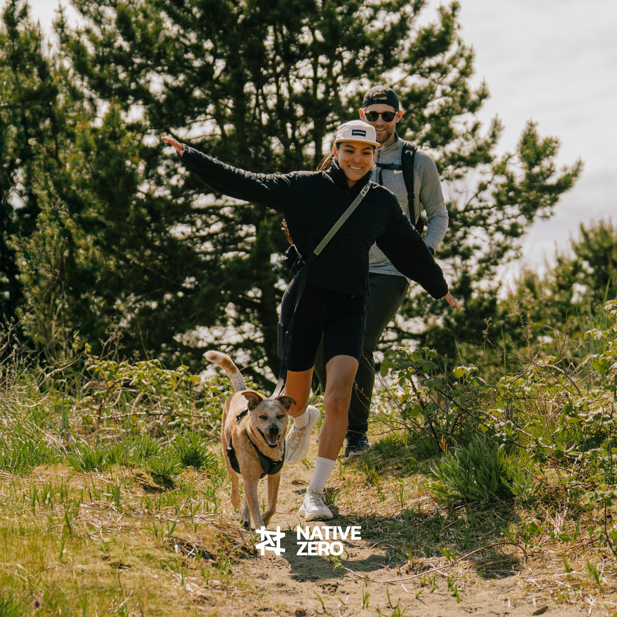 LIBERTY 1.0 hiking dog leash in action on a forest trail — NATIVE ZERO outdoor dog gear Canada