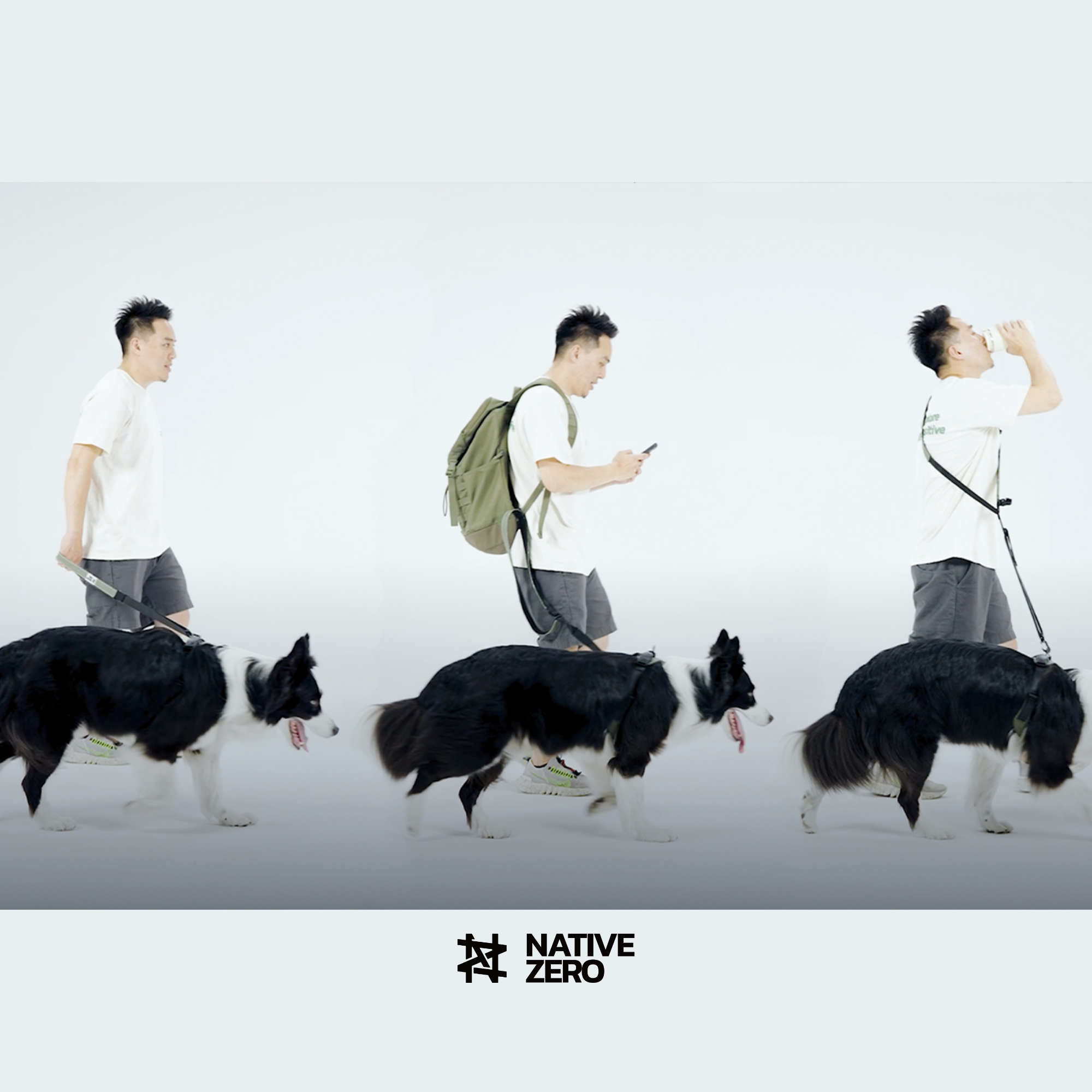 LIBERTY 1.0 hands-free dog leash, three usage modes shown — hand-held, backpack-tethered, over-the-shoulder — NATIVE ZERO Canada